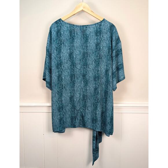 Molly & Isadora Kara Tie-Front Kimono Sleeve Tunic Top in Teal Print Size 2X - Picture 3 of 10